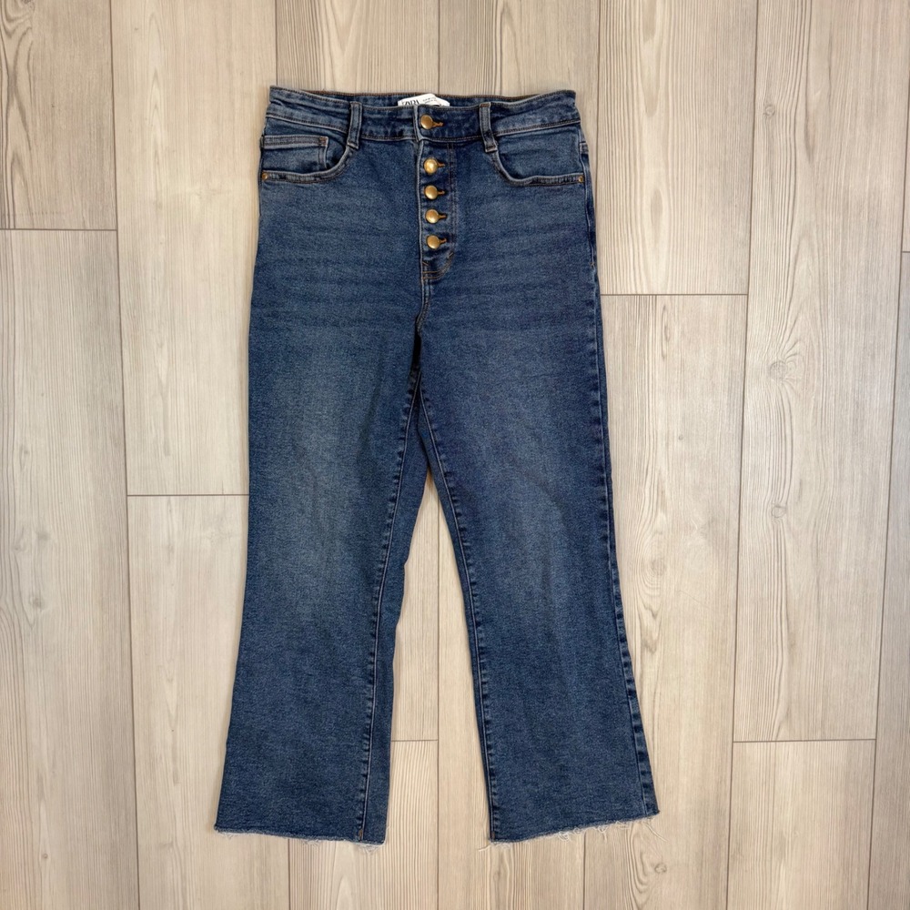 Zara High Rise Button Fly Crop Flare Jeans Blue Raw Hem Size 6